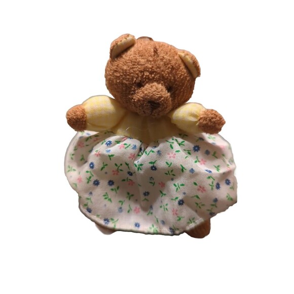 Russ Berrie Teddy Bear Plush Christmas Ornament Yellow Shirt Floral Dress - Picture 1 of 3